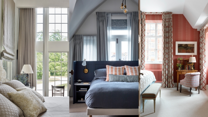 Floor-length Drapes and Roman Shades Bedroom Window Treatment Ideas