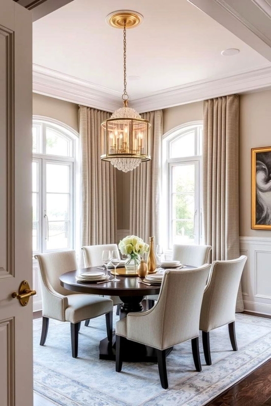Floor to Ceiling Beige Pleated Curtains framing Arched Windows