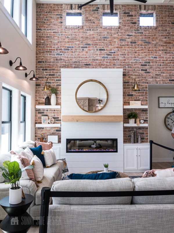 Floor-to-Ceiling Brick Accent Wall: Modern Farmhouse Shiplap Fireplace