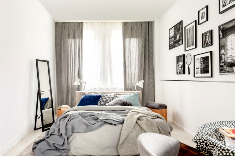Floor to Ceiling Curtains and Black and White Gallery Wall