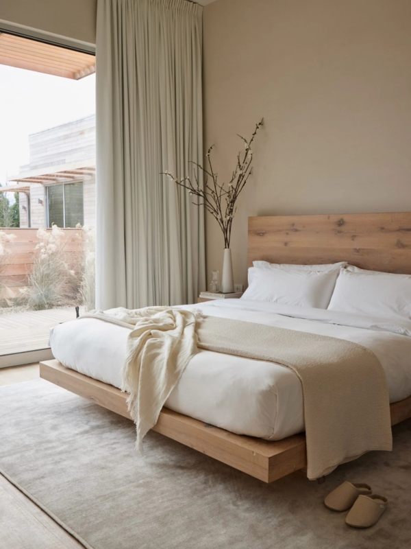 Floor to Ceiling Curtains in Minimalist Japandi Bedroom