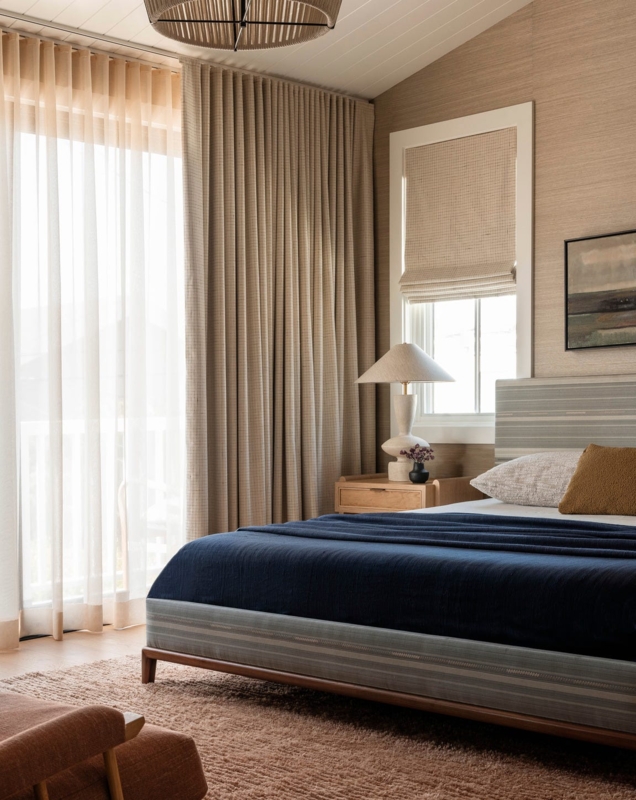 Floor-to-ceiling Curtains with Woven Shade Layered Window Treatments