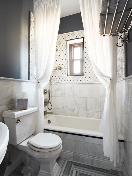 Floor-to-Ceiling Shower Curtains with Mixed Tile Patterns