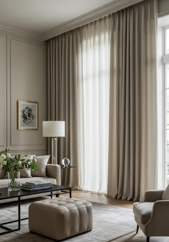 Floor-to-Ceiling Tonal Curtains in Luxury Paneled Living Room