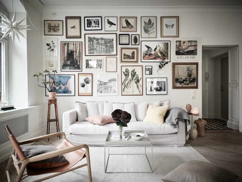 Floor To Ceiling Wall Art Ideas With Star Pendant Light And Slipcover Sofa