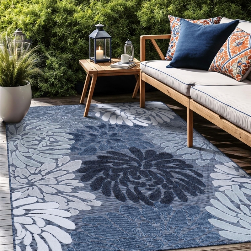 Floral Area Rug: Navy Floral Pattern, Washable, Stain Resistant.