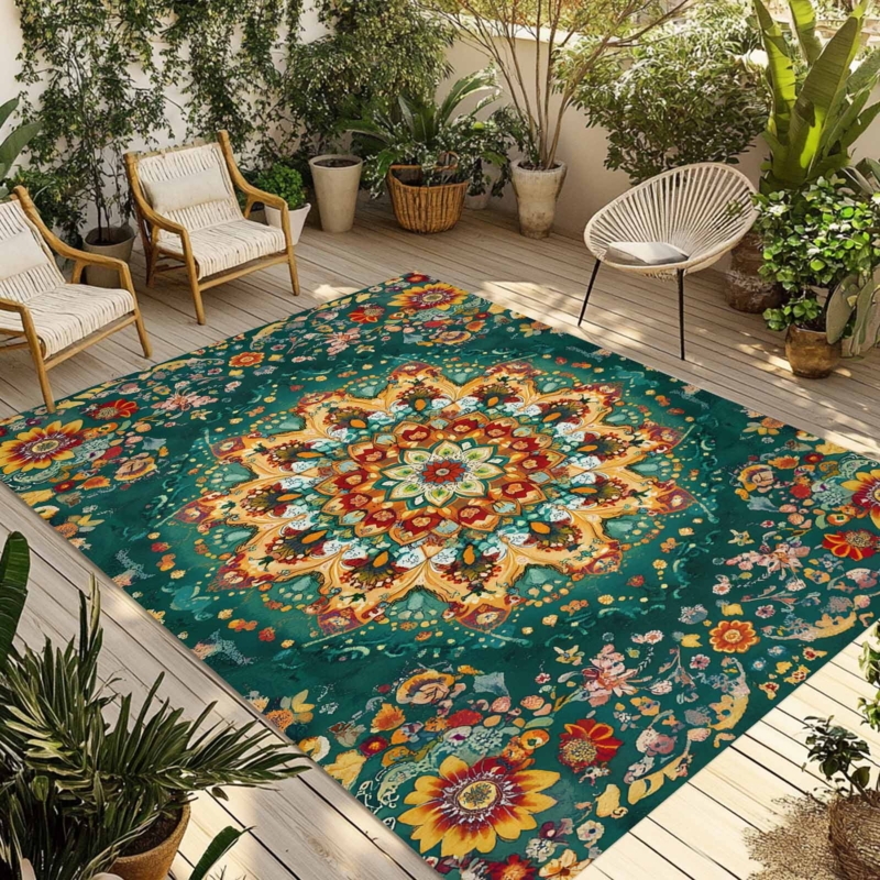 Floral Medallion Area Rug Yellow Green Bohemian Patio Decor