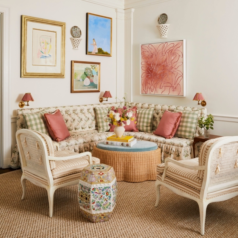 Floral Skirted Sectional Sofa in Grandmillennial Living Room Layout