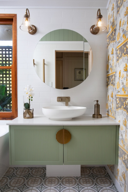 Fluted Floating Bathroom Vanity in Sage Green with Gold Pulls