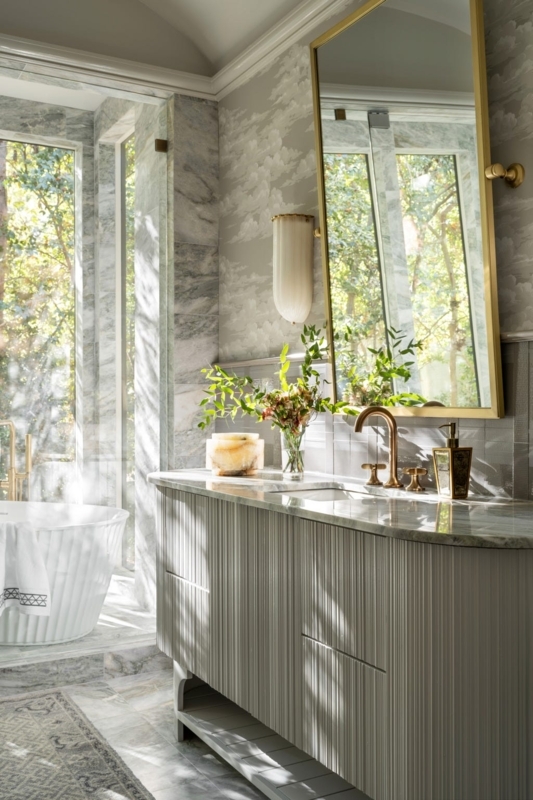 Fluted Grey Bathroom Vanity Ideas with Cloud Wallpaper