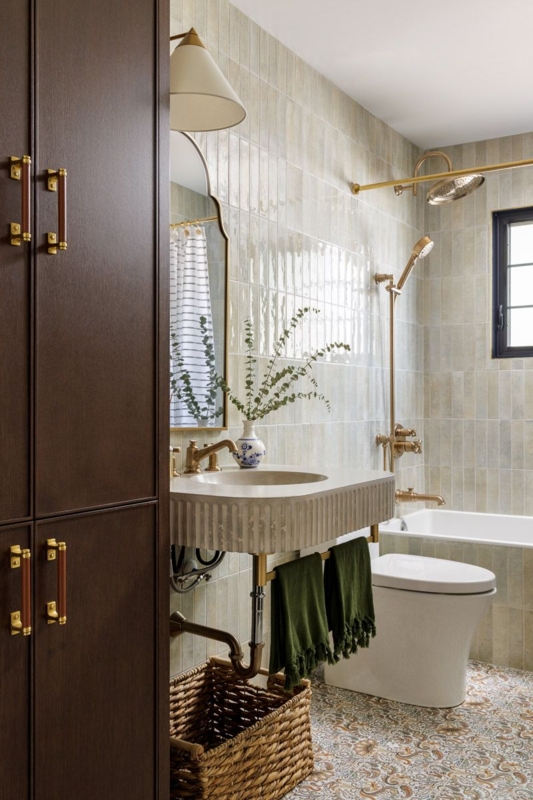 Fluted Stone Bathroom Sink with Antique Brass Exposed Plumbing
