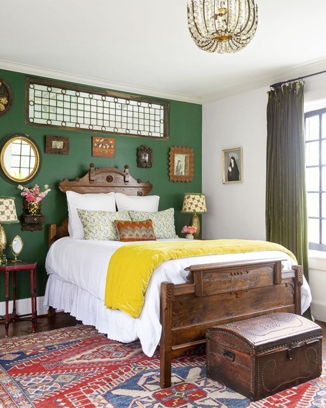 Forest Green Accent Wall Bedroom with Ornate Wood Bed Frame
