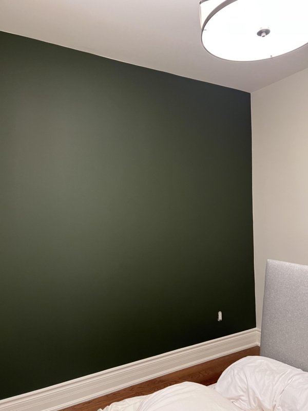 Forest Green Bedroom Accent Wall with Tiered White Baseboards
