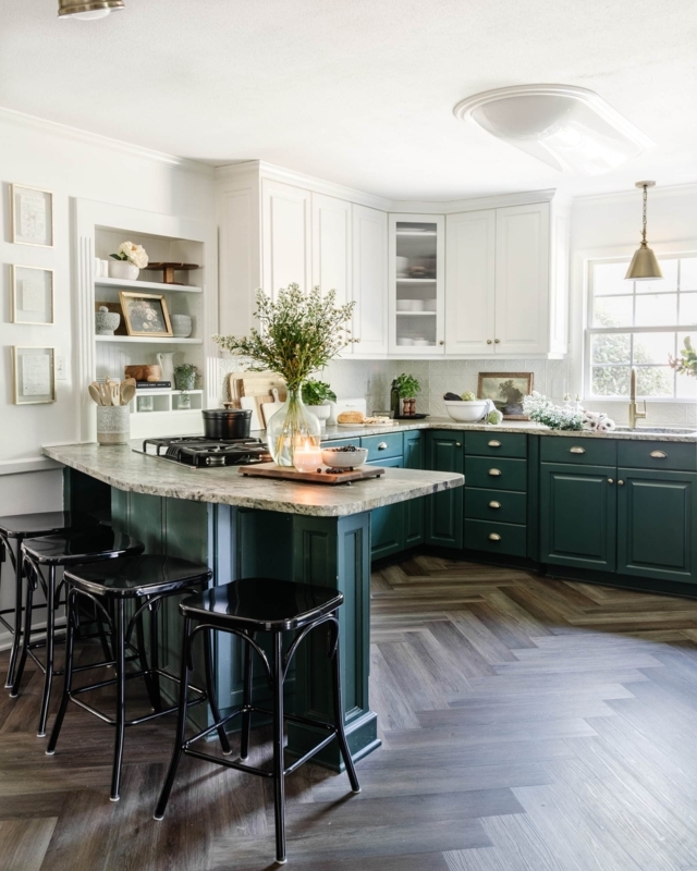 Forest Green Kitchen Cabinet Ideas With Herringbone Floor
