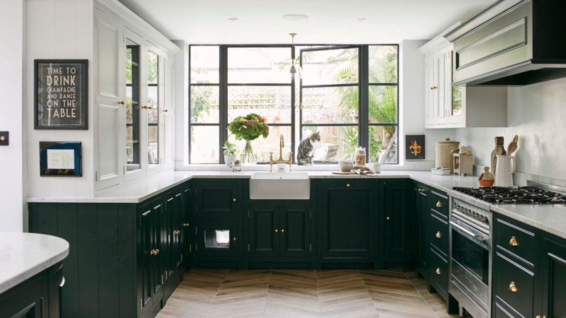Forest Green Kitchen Cabinet Ideas with Herringbone Wood Floor