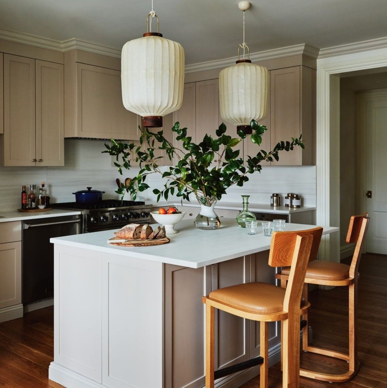 Forest Green Kitchen Cabinets with Brass Hardware and Wood Top