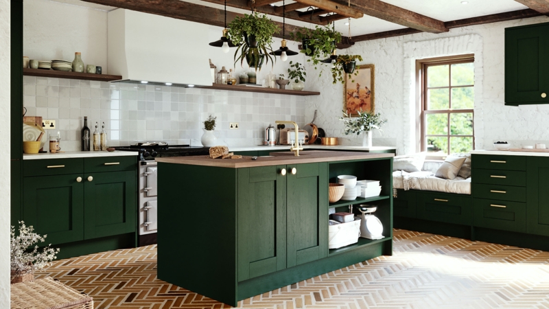 Forest Green Shaker Kitchen with Timber Ceiling Beams