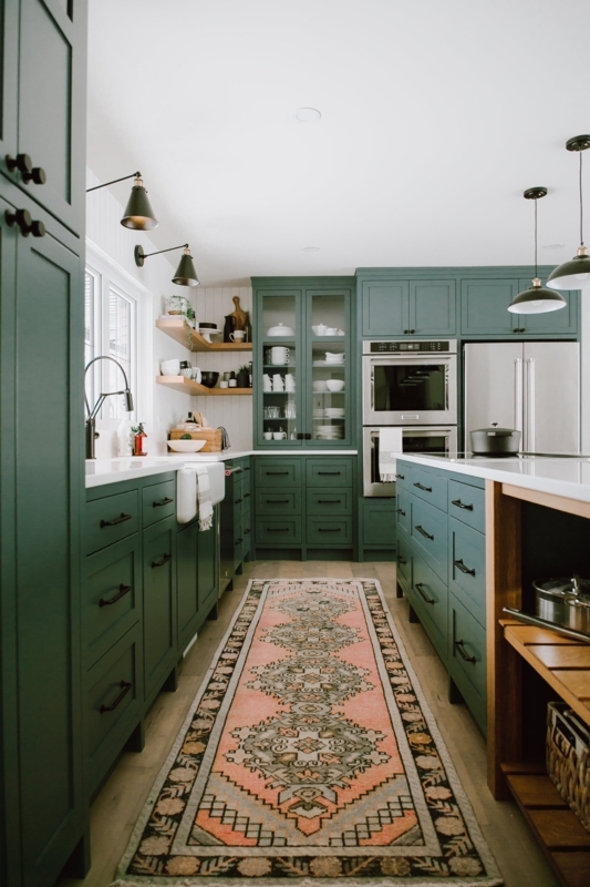 Forest Green Shaker Kitchen with Vintage Medallion Runner Rug.