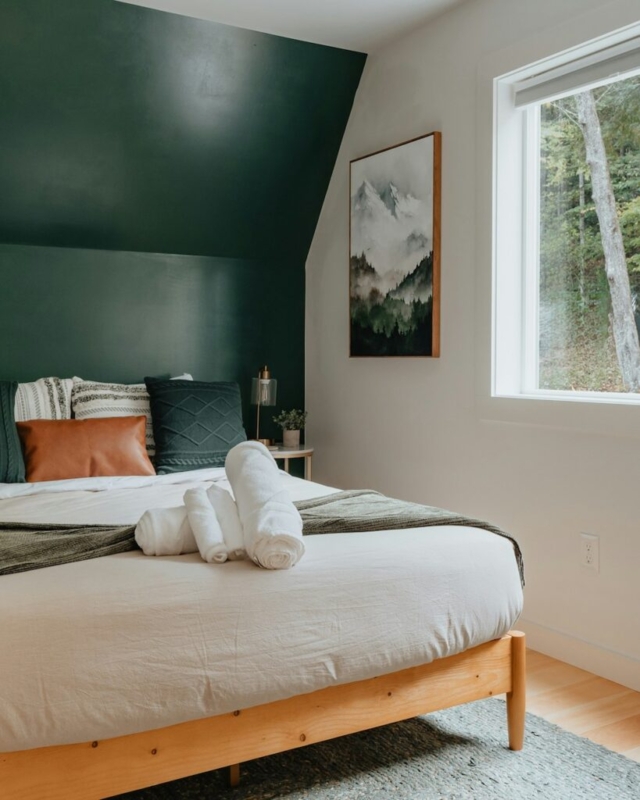 Forest Green Sloped Ceiling Bedroom with Modern Rustic Platform Bed