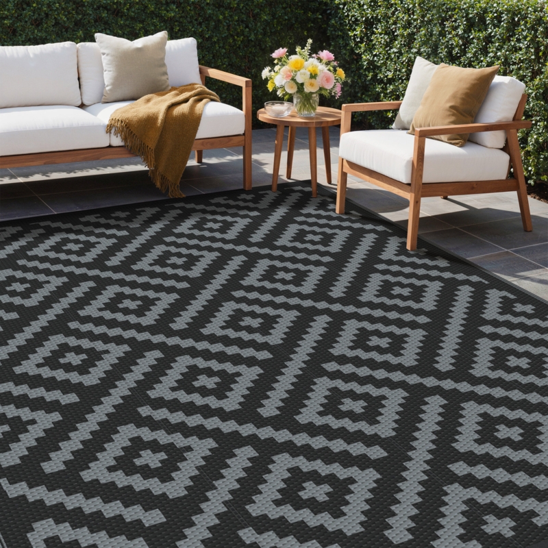 Foundry Select Sumiye Outdoor Rug for Patio Clearance, Waterproof  Mat,Reversible Plastic Camping Rugs,Black & Gray & Reviews | Wayfair
