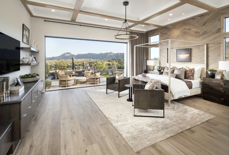 Four Poster Bed in Modern Desert Bedroom with Chevron Wood Wall
