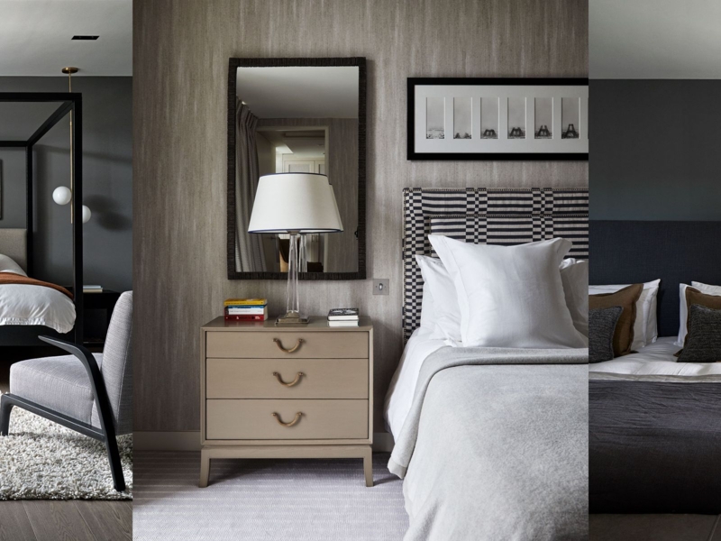 Four Poster Bed Striped Headboard Textured Wallpaper Monochrome