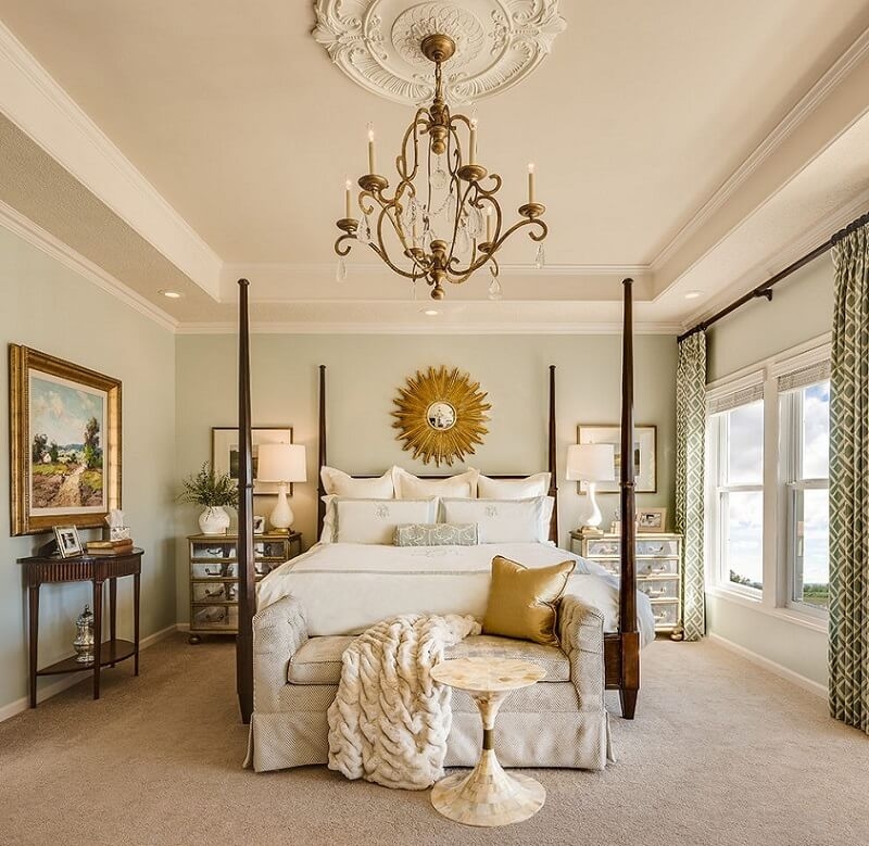 Four-Poster Bed Styling with Sunburst Accent Mirror and Ceiling Medallion