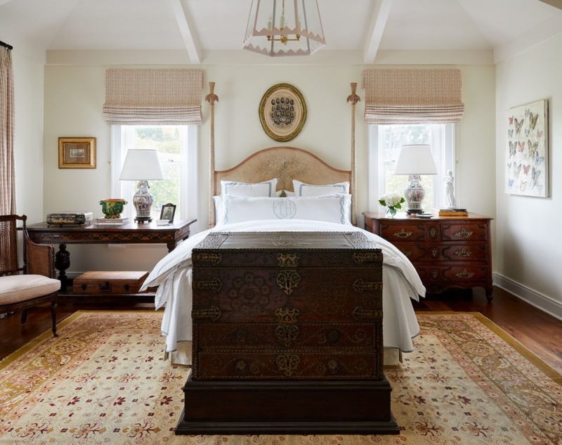 Four-Poster Bed with Antique Trunk and Vaulted Beam Ceiling