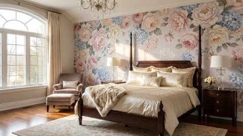 Four Poster Bed with Floral Mural Wallpaper and Arched Window