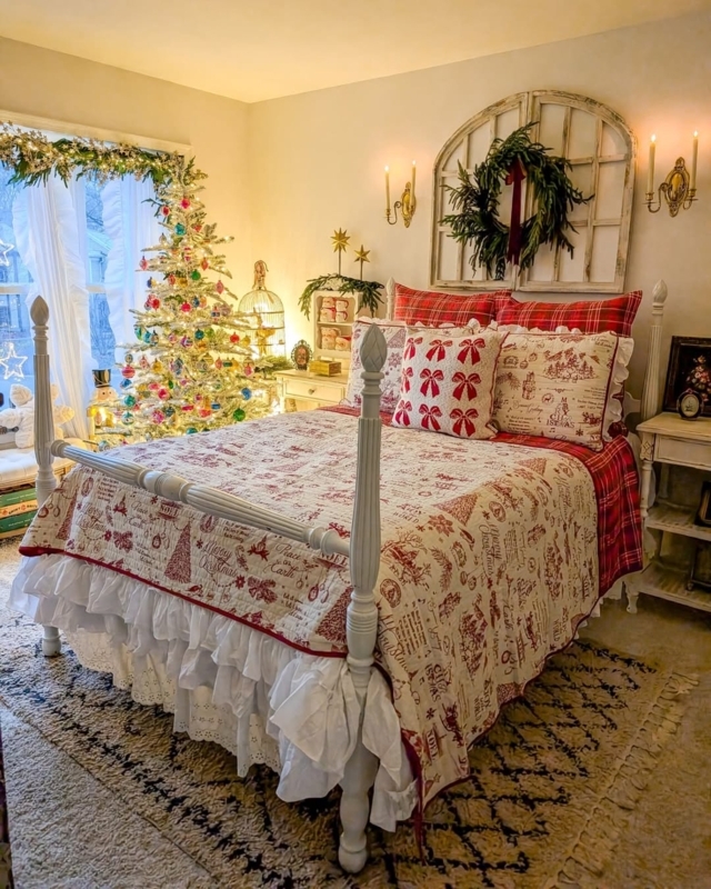 Four Poster Bed with Holiday Toile Bedding and Ruffled Bedskirt