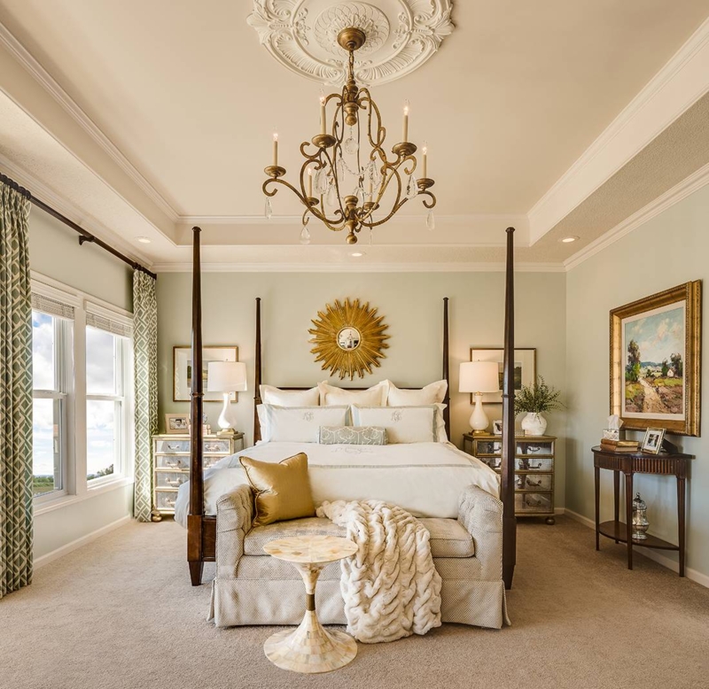 Four-Poster Bed with Mirrored Nightstands in Sage Green Bedroom