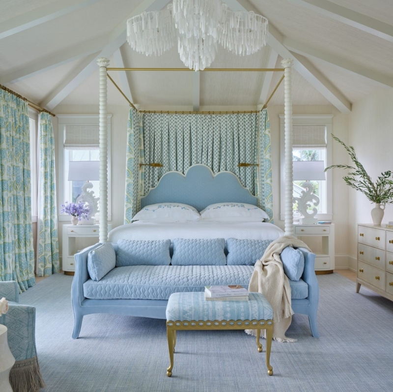 Four Poster Bed with Scalloped Blue Headboard and Spindle Posts