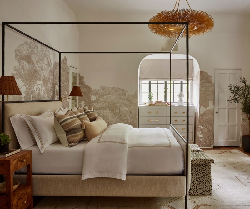 Four-Poster Canopy Bed with Landscape Mural Wallpaper and Sunburst Chandelier