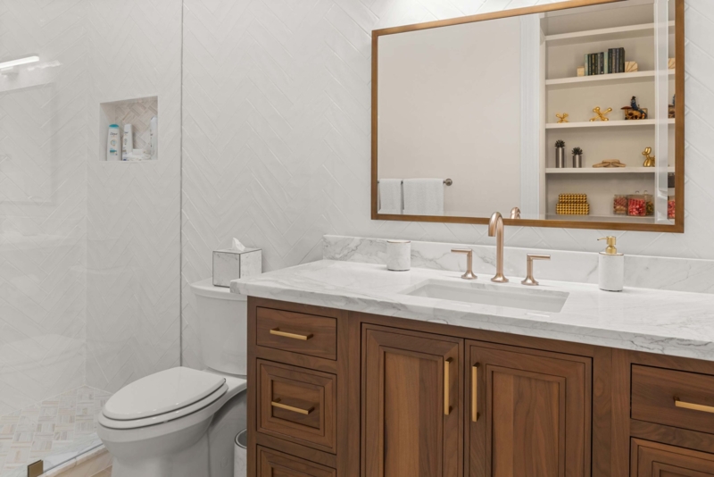 Framed Mirror, White Herringbone Tile Wall Design Wood Vanity