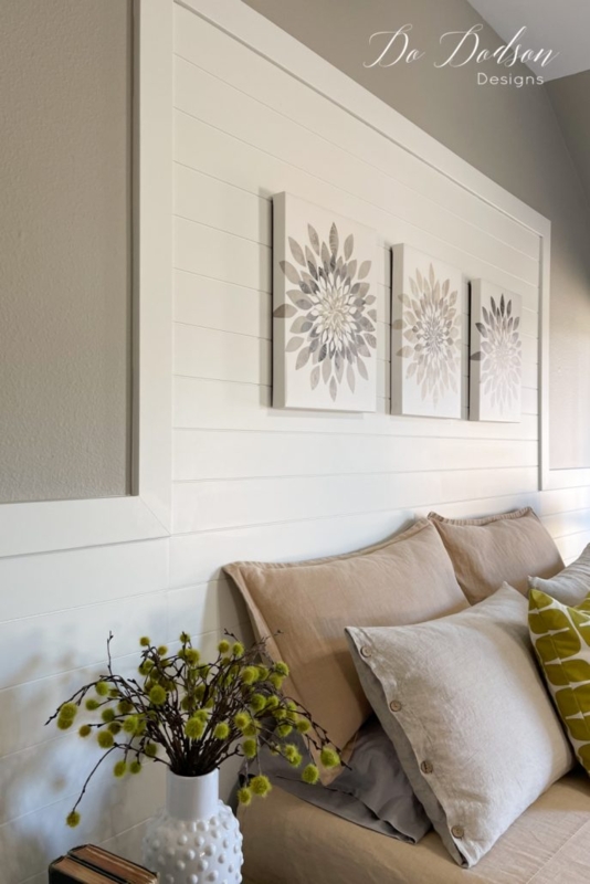 Framed Shiplap Accent Wall with Triptych Floral Art