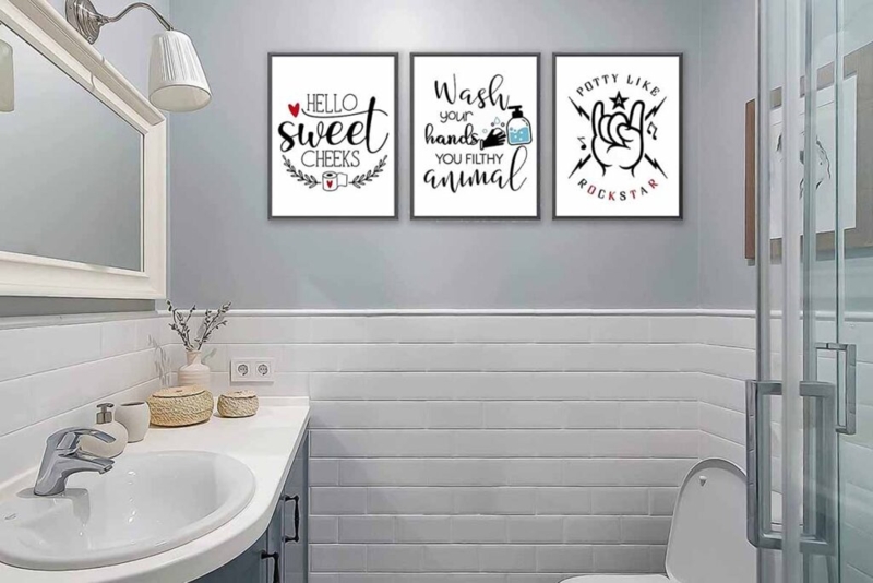 Framed Wall Art: Whimsical Bathroom Typography, Three Piece Framed Set