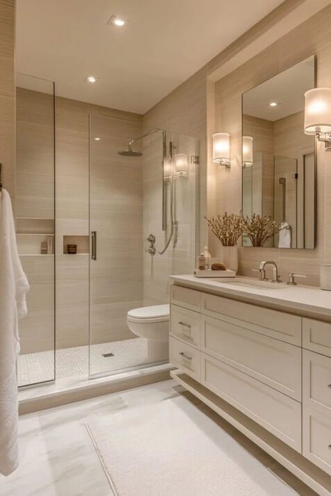 Frameless Glass Shower, Recessed Niches, Minimalist Spa Bathroom Design