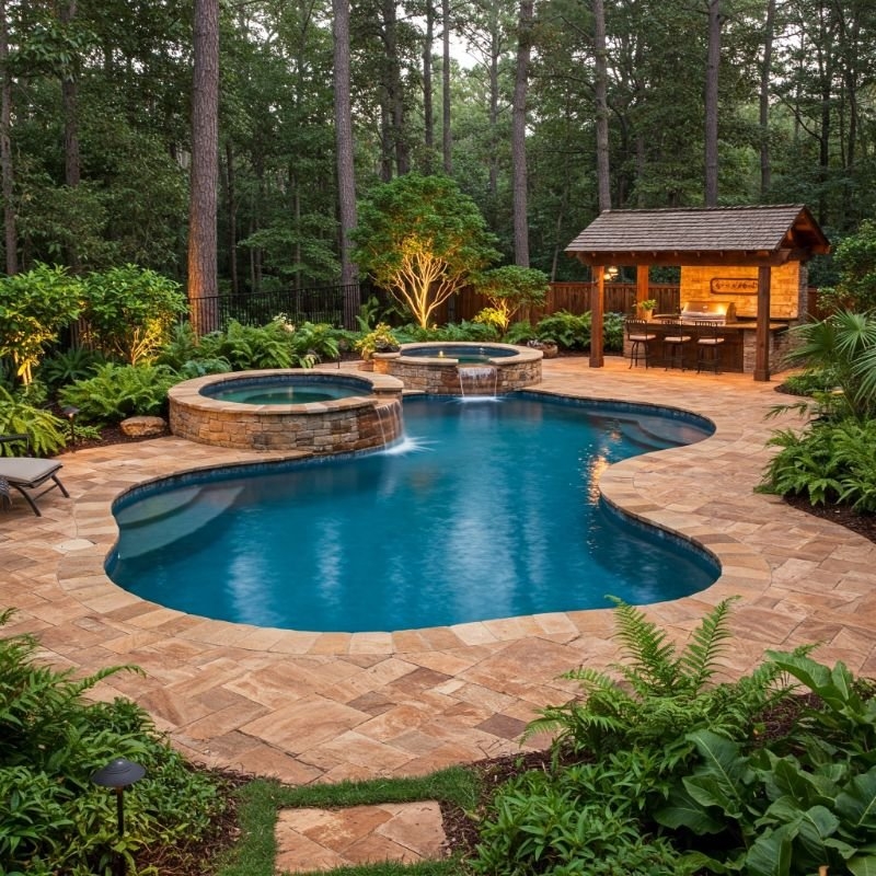 Freeform Pool with Dual Spillover Spas in Woodland Setting