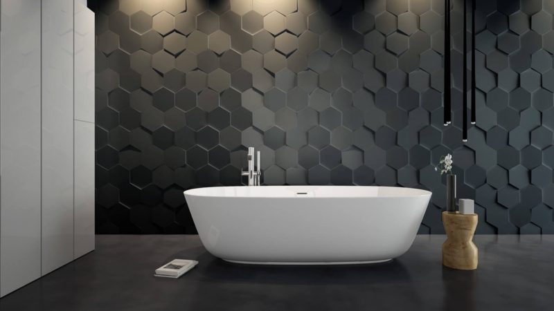 Freestanding Bathtub against Matte Black 3D Hexagonal Tile Wall
