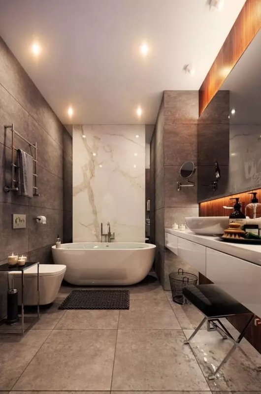 Freestanding Bathtub and Floating Vanity with Marble Accent Wall