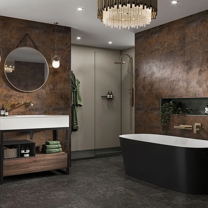 Freestanding Bathtub in Matte Black with Mottled Earthy Walls