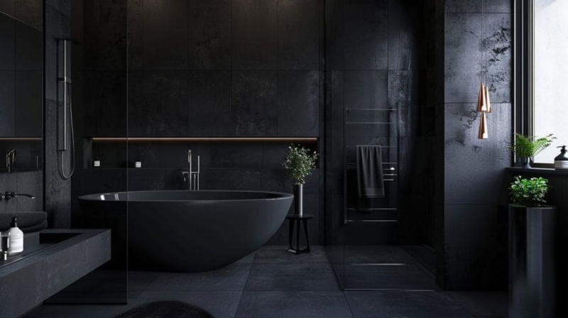 Freestanding Bathtub: Stone Textured Walls, Monochromatic Palette