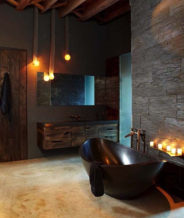 Freestanding Bathtub: Textured Stone Wall and Rustic Timber Ceiling