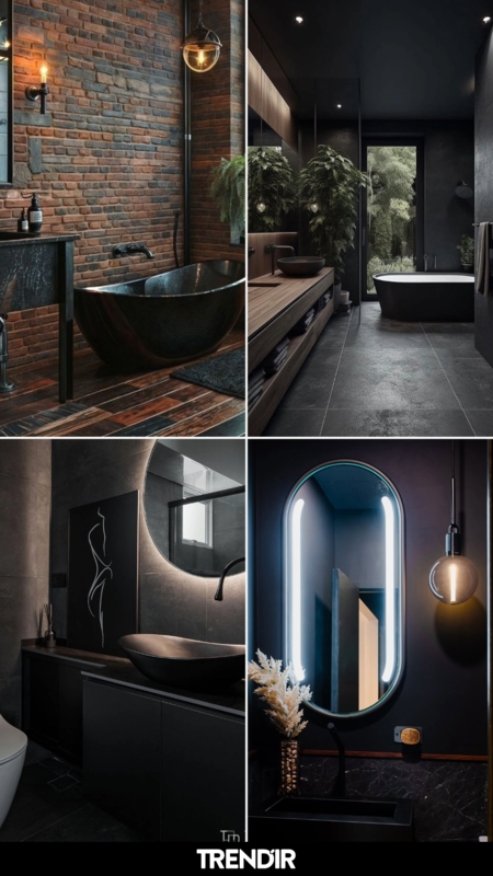 Freestanding Bathtub with Backlit Mirror Glow and Brick Contrast