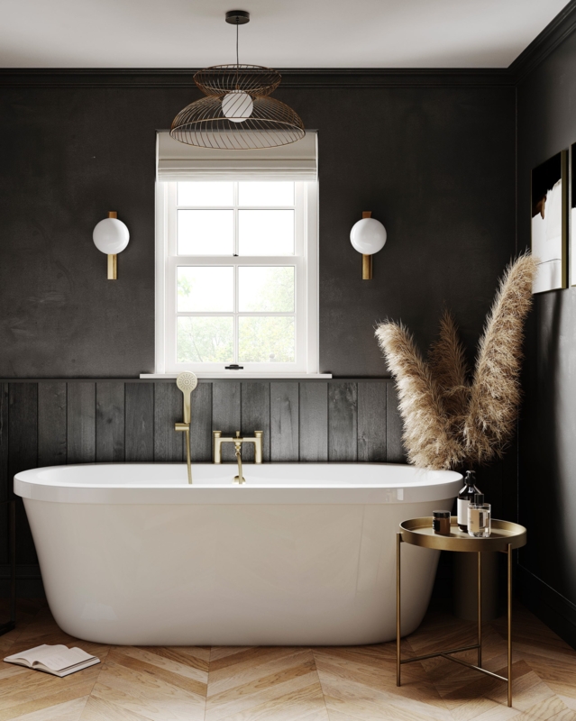 Freestanding Bathtub with Dark Paneling and Gold Accents