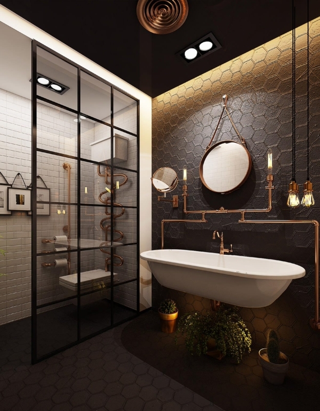 Freestanding Bathtub with Exposed Copper Pipes and Hexagonal Tiles