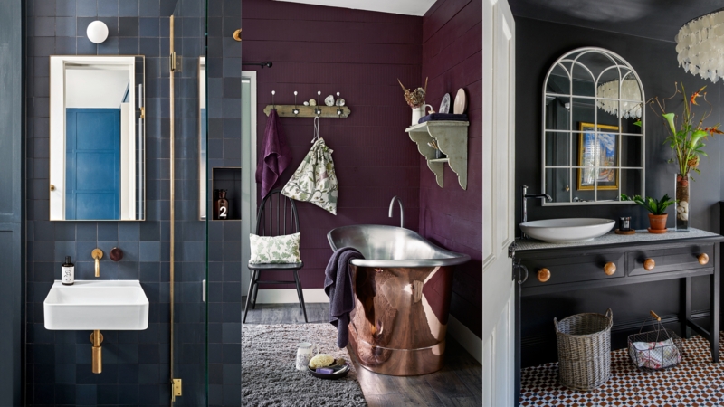 Freestanding Bathtub with Mixed Metallic Accents in Dark Bathroom