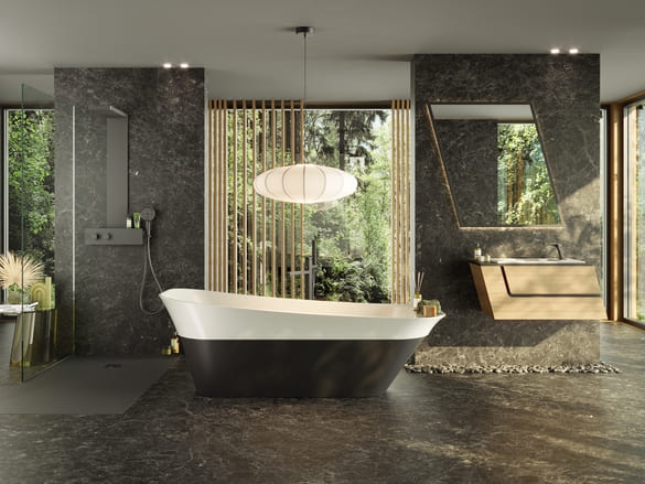 Freestanding Bathtub with Two-Tone Design and Forest View