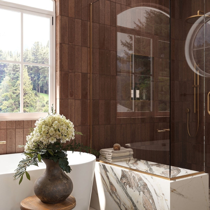 Freestanding Bathtub with Vertical Stack Tiles and Marble Ledge