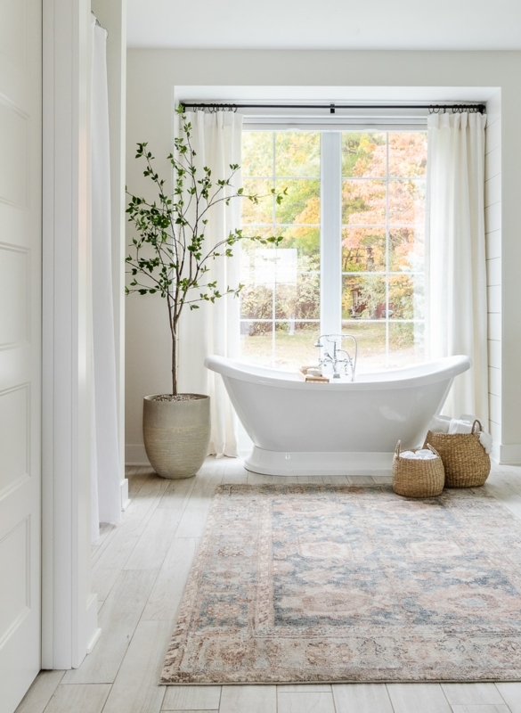 Freestanding Slipper Tub, Large Window, Neutral Lake House Bathroom Decor
